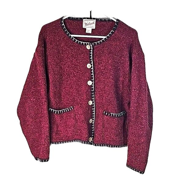 Cardigan by Woolrich Wool Cotton Tweed Blend Maroon with color flecks Size Large - Picture 1 of 6